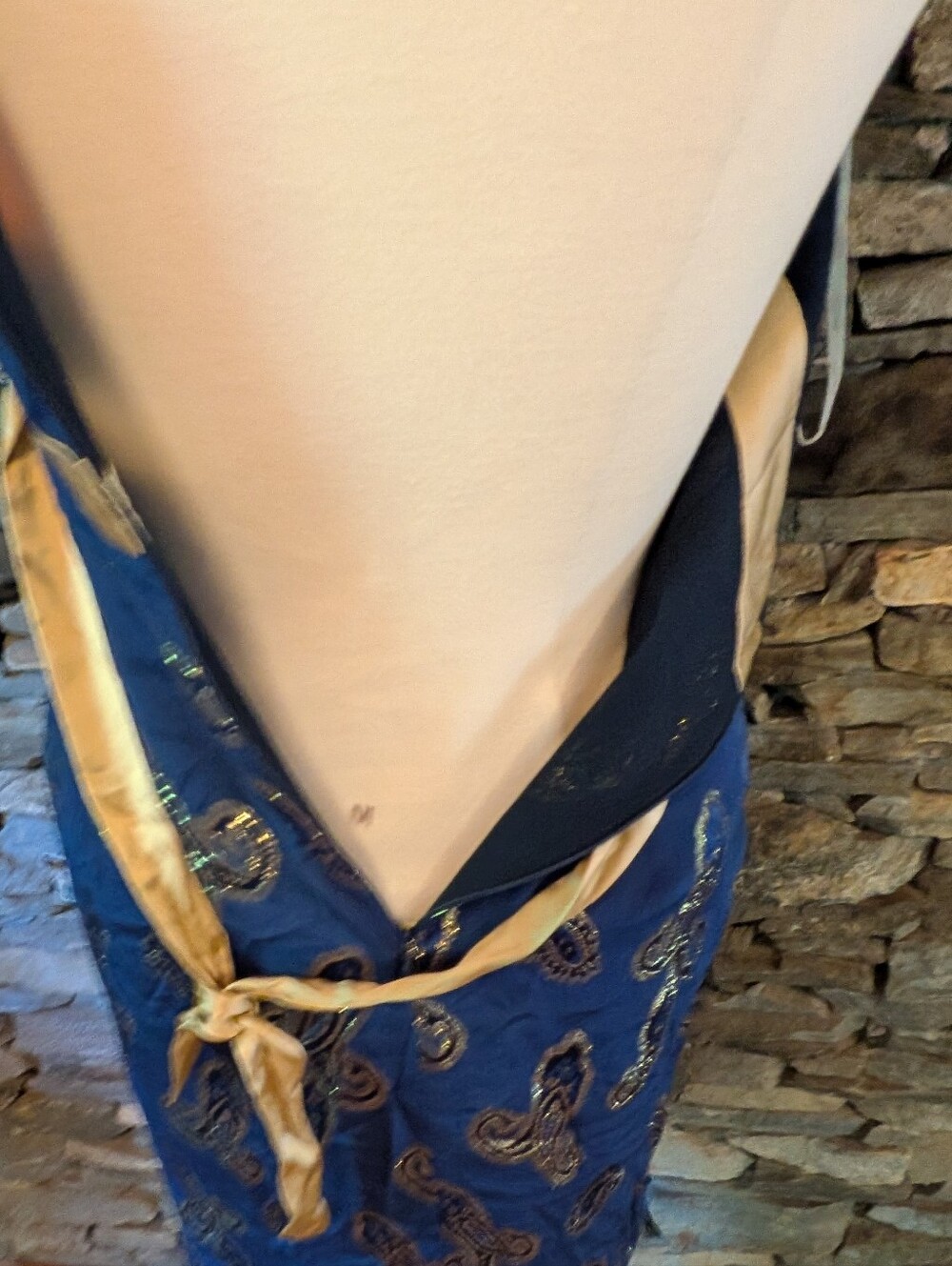Voom Dark Blue Silk One Shoulder Dress With Metallic Gold Paisley Size Xs - Picture 5 of 11